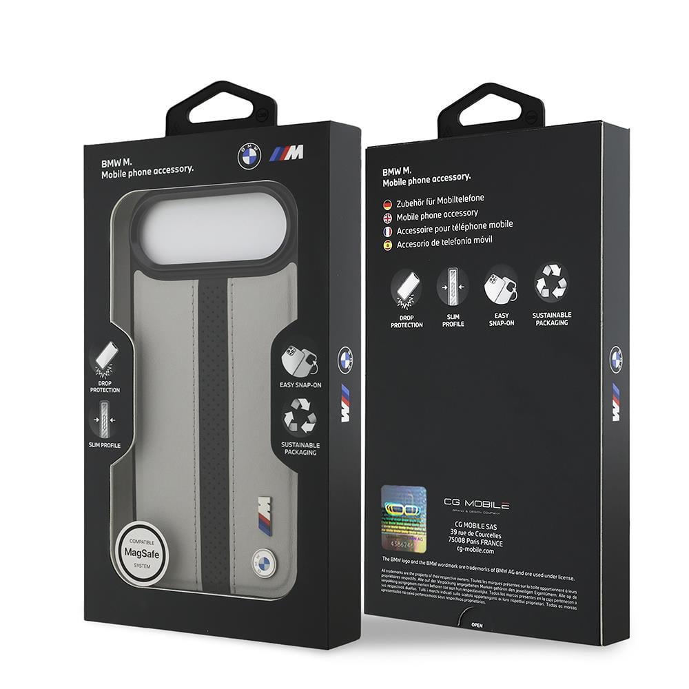 Apple iPhone 17 Air Kılıf BMW Orjinal Lisanslı M-safe Şarj Özellikli Deri Arka Yüzey Metal Logolu Delikli Şerit Tasarımlı Kapak