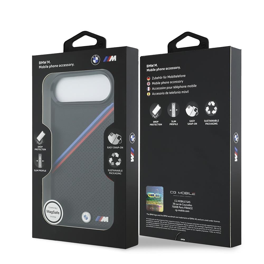 Apple iPhone 17 Air Kılıf BMW Orjinal Lisanslı M-safe Şarj Özellikli M Logolu Üç Şeritli Delikli Deri Kapak