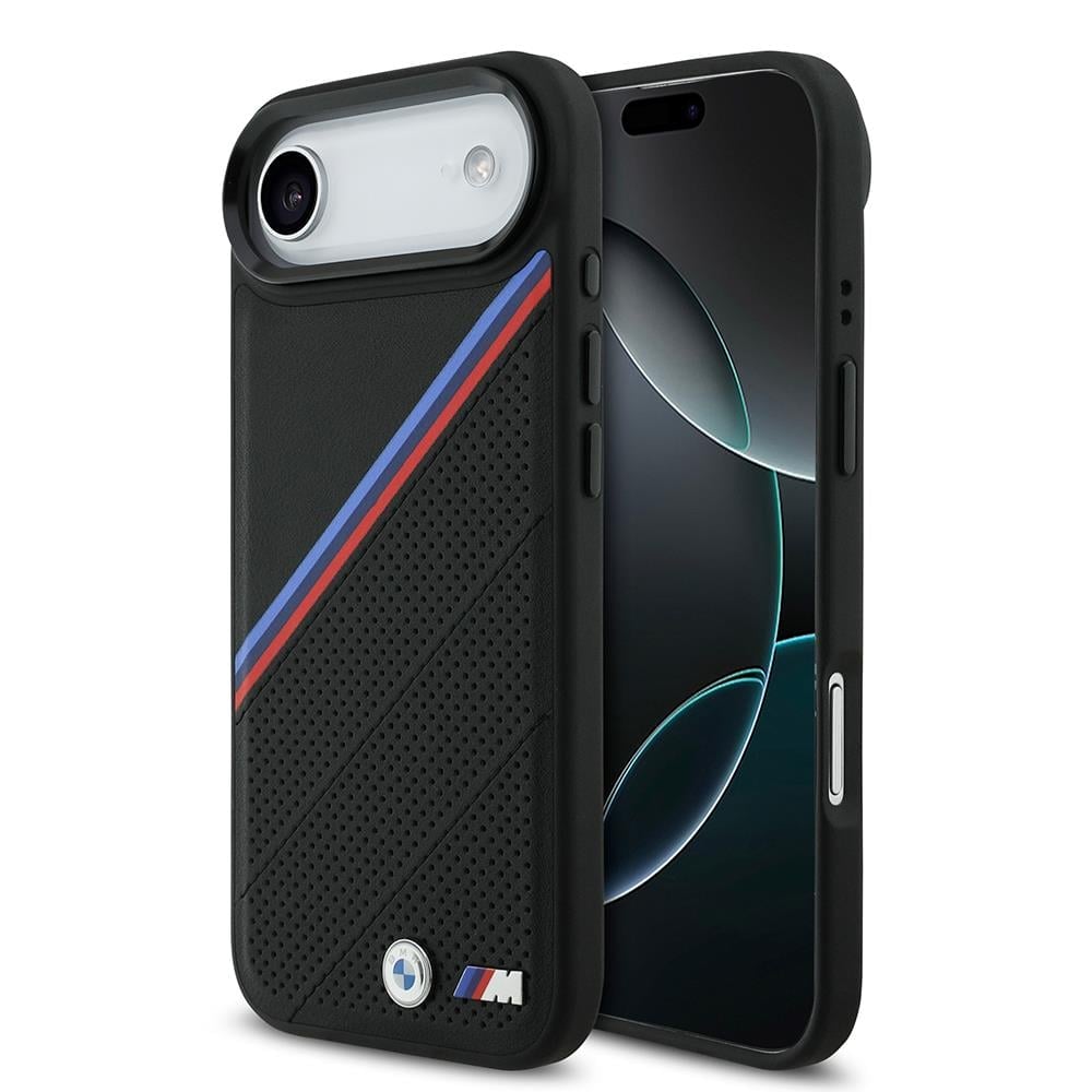 Apple iPhone 17 Air Kılıf BMW Orjinal Lisanslı M-safe Şarj Özellikli M Logolu Üç Şeritli Delikli Deri Kapak