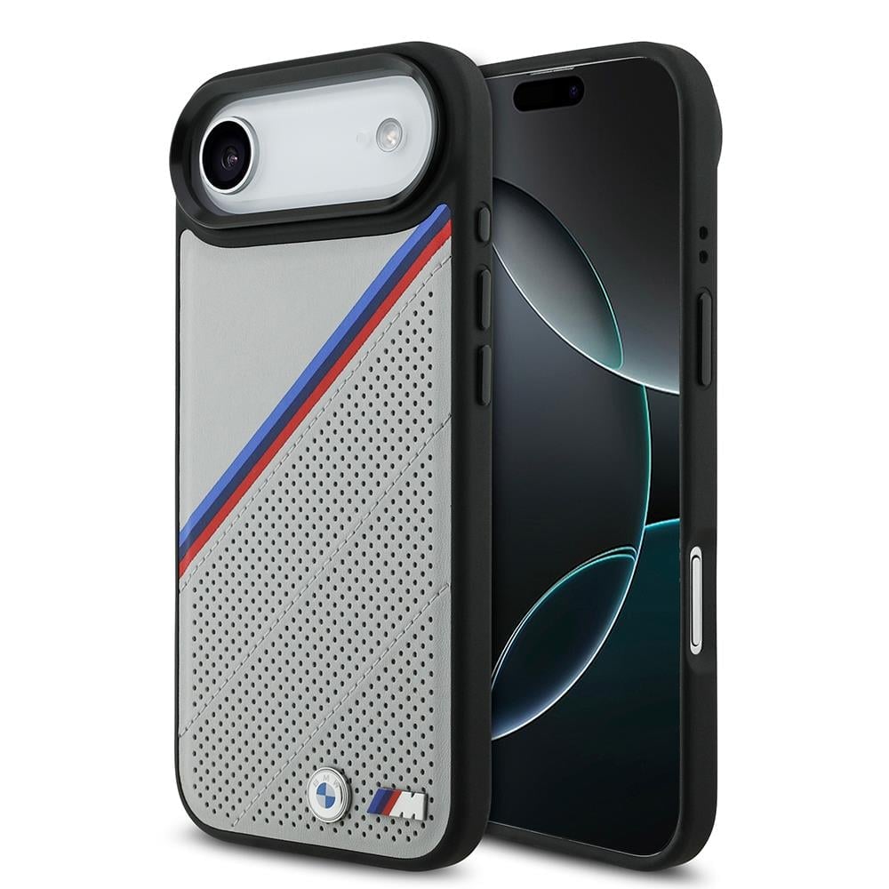 Apple iPhone 17 Air Kılıf BMW Orjinal Lisanslı M-safe Şarj Özellikli M Logolu Üç Şeritli Delikli Deri Kapak