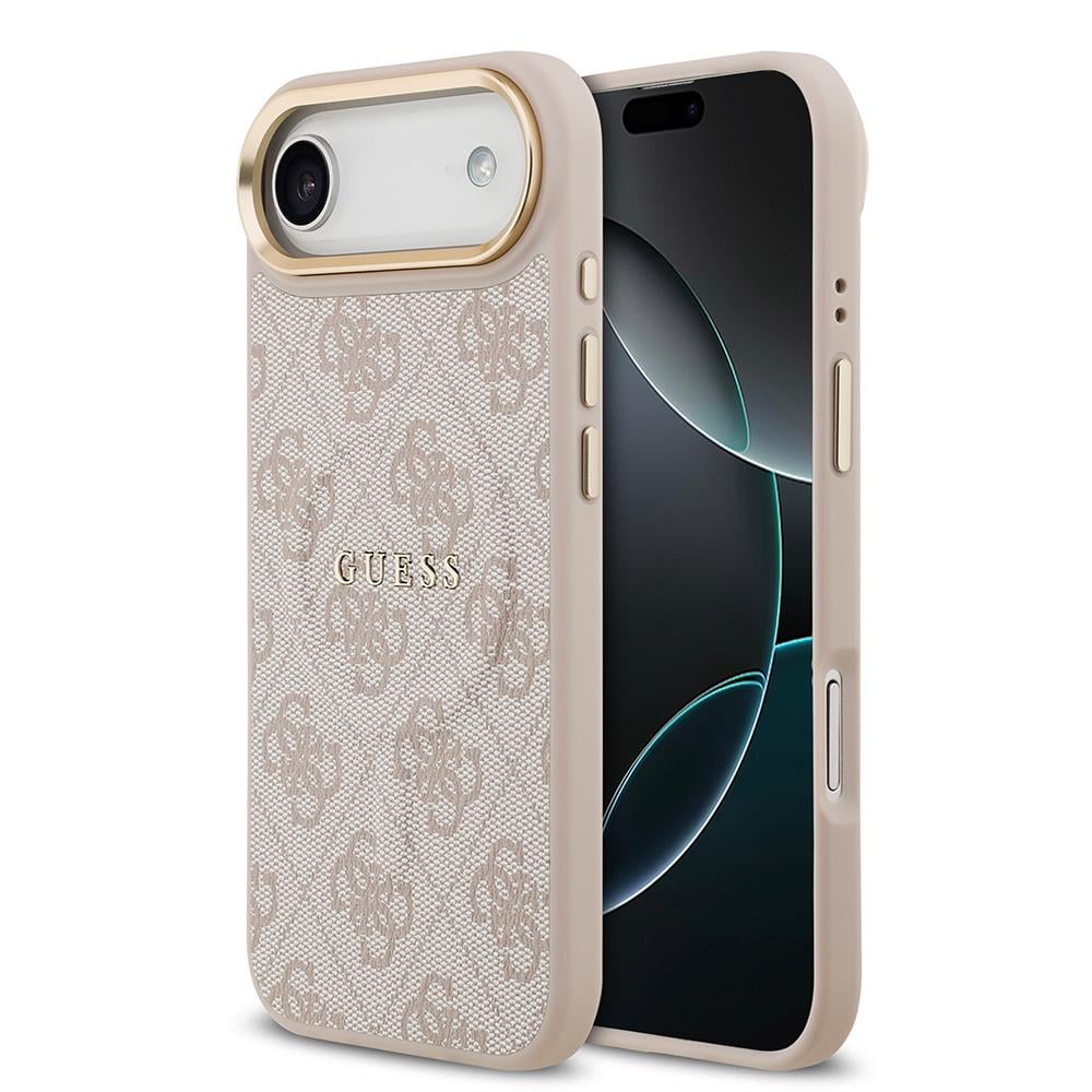 Apple iPhone 17 Air Kılıf Guess Orjinal Lisanslı M-safe Şarj Özellikli Gold Metal Kamera Çerçeveli PU Deri 4G Desenli Yazı Logolu Kapak