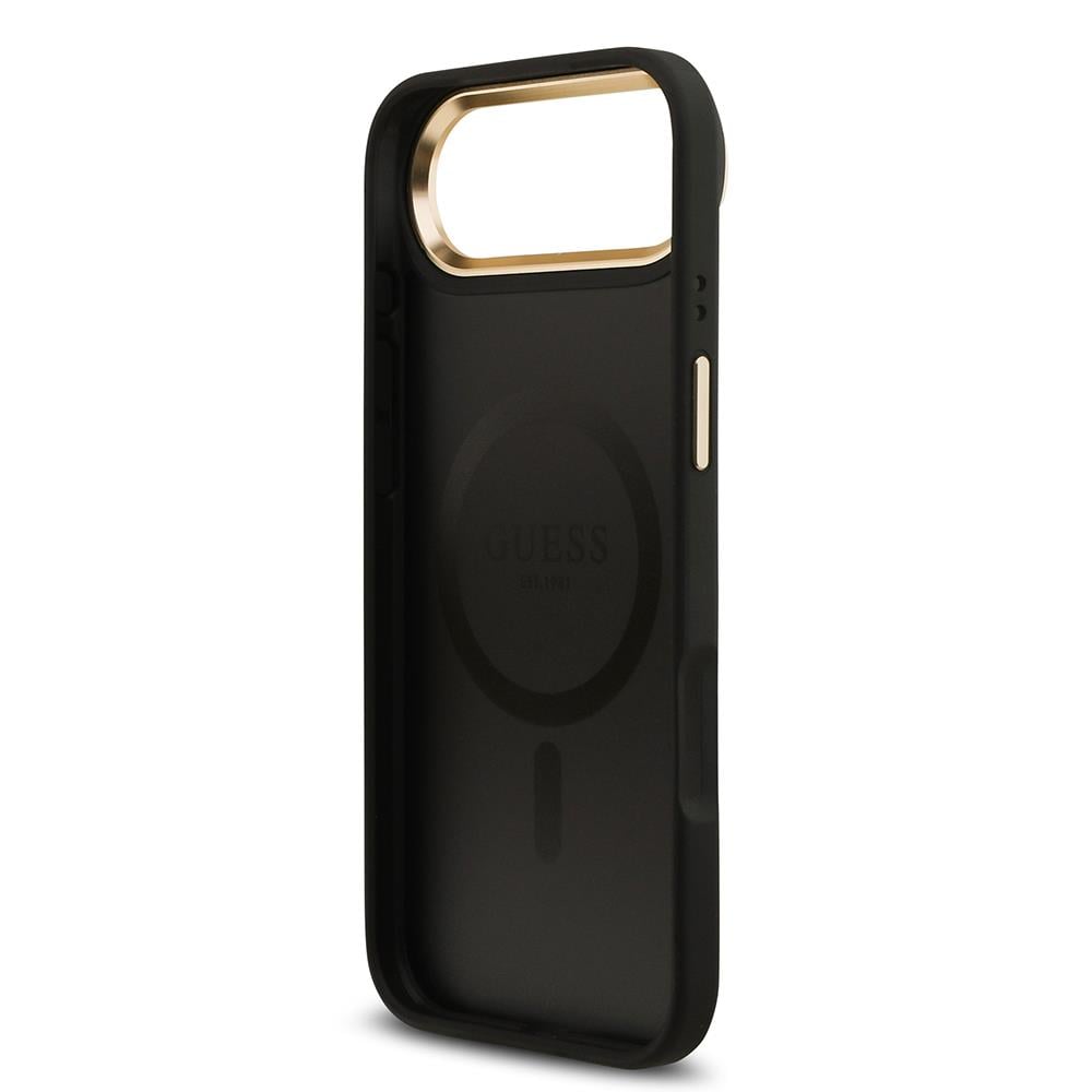 Apple iPhone 17 Air Kılıf Guess Orjinal Lisanslı M-safe Şarj Özellikli Gold Metal Kamera Çerçeveli PU Deri 4G Desenli Yazı Logolu Kapak