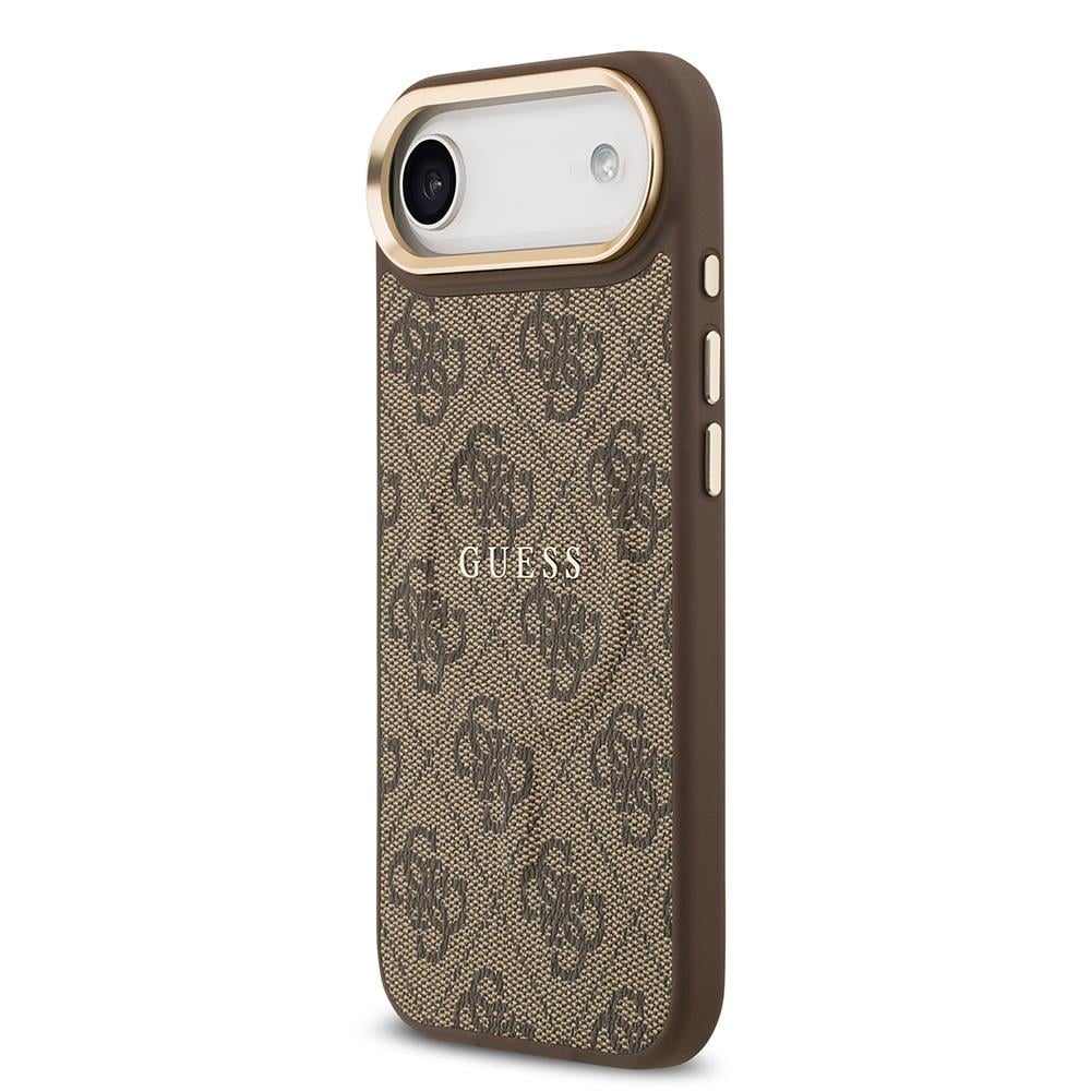 Apple iPhone 17 Air Kılıf Guess Orjinal Lisanslı M-safe Şarj Özellikli Gold Metal Kamera Çerçeveli PU Deri 4G Desenli Yazı Logolu Kapak