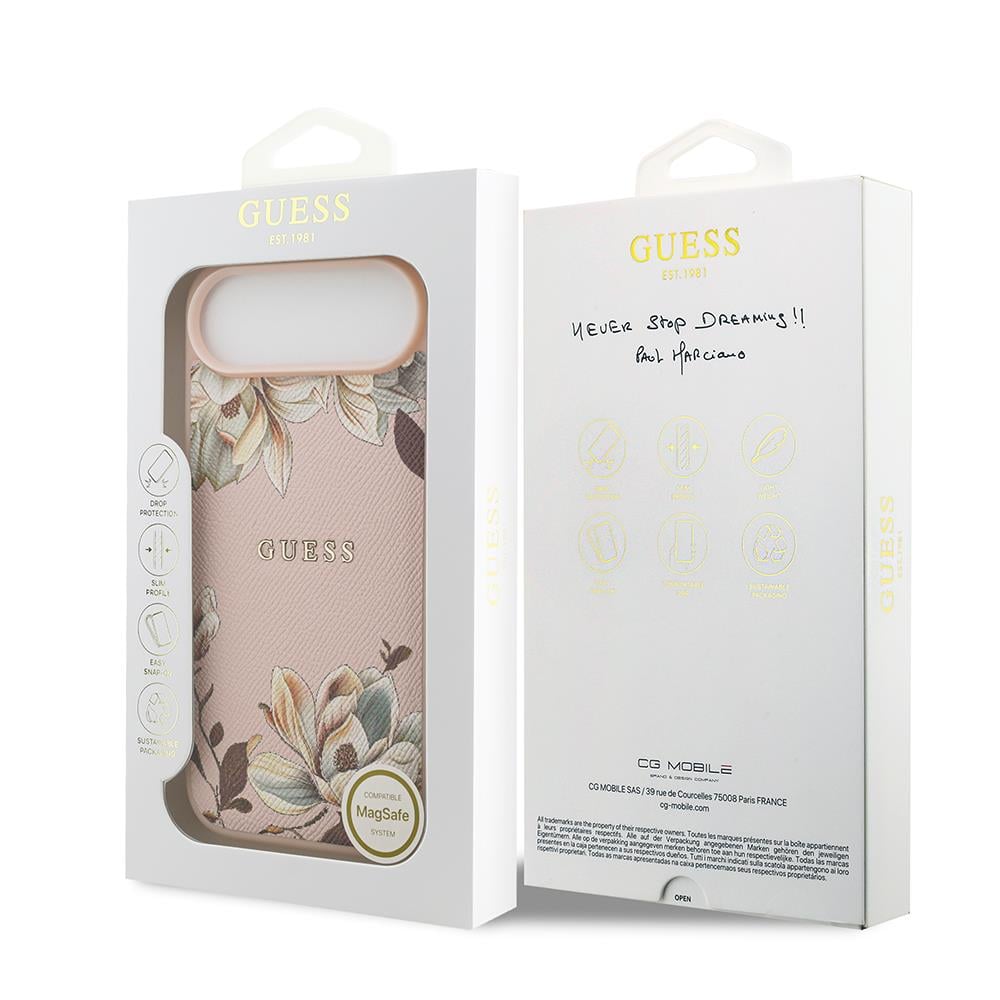 Apple iPhone 17 Air Kılıf Guess Orjinal Lisanslı M-safe Şarj Özellikli Taneli Çiçek Tasarımlı Metal Yazı Logolu Kapak