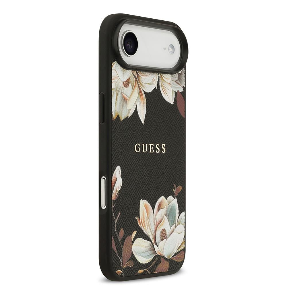 Apple iPhone 17 Air Kılıf Guess Orjinal Lisanslı M-safe Şarj Özellikli Taneli Çiçek Tasarımlı Metal Yazı Logolu Kapak
