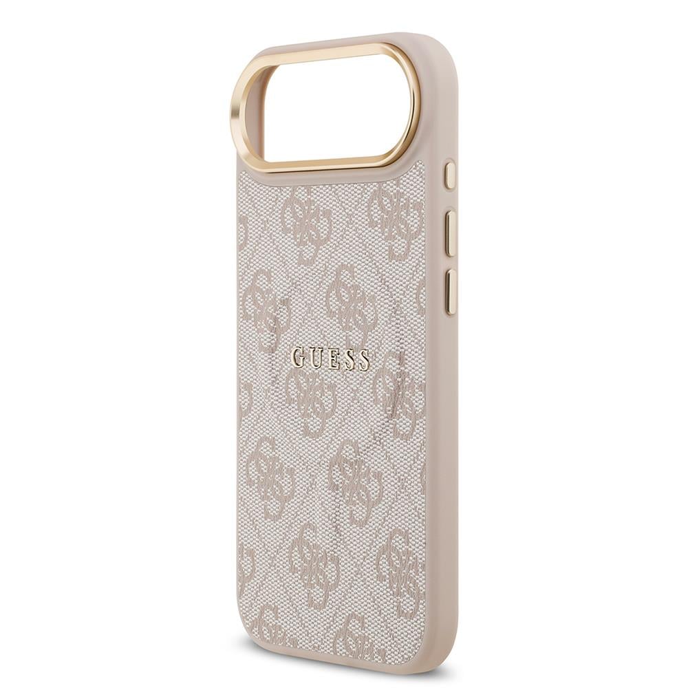 Apple iPhone 17 Air Kılıf Guess Orjinal Lisanslı M-safe Şarj Özellikli Gold Metal Kamera Çerçeveli PU Deri 4G Desenli Yazı Logolu Kapak