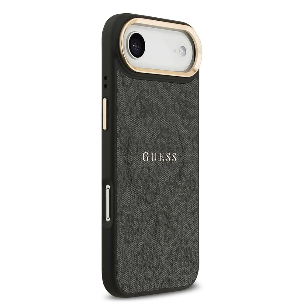 Apple iPhone 17 Air Kılıf Guess Orjinal Lisanslı M-safe Şarj Özellikli Gold Metal Kamera Çerçeveli PU Deri 4G Desenli Yazı Logolu Kapak