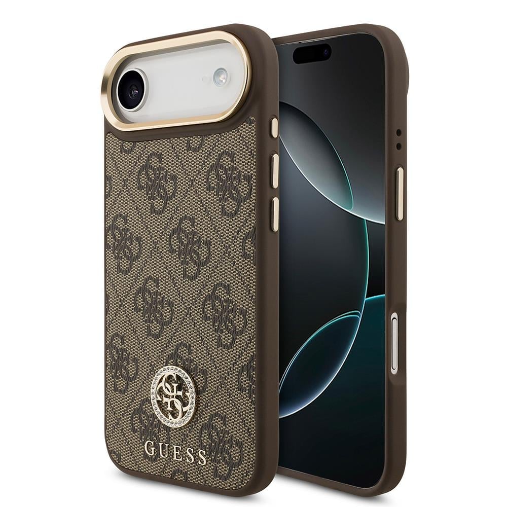 Apple iPhone 17 Air Kılıf Guess Orjinal Lisanslı M-safe Şarj Özellikli Gold Metal Kamera Çerçeveli Taşlı 4G Logolu Kapak