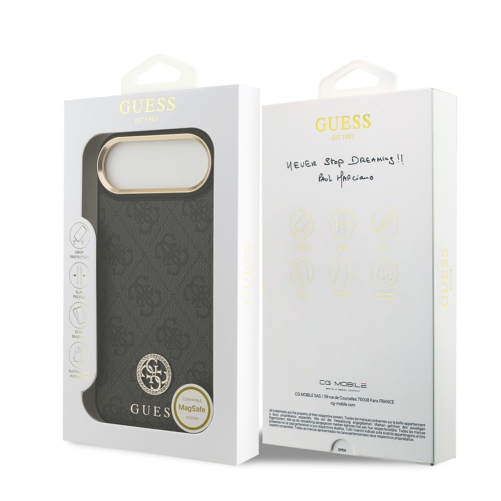 Apple iPhone 17 Air Kılıf Guess Orjinal Lisanslı M-safe Şarj Özellikli Gold Metal Kamera Çerçeveli Taşlı 4G Logolu Kapak