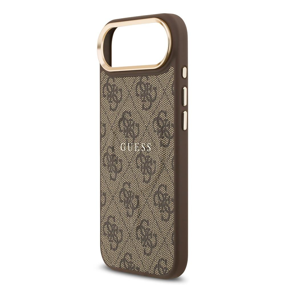 Apple iPhone 17 Air Kılıf Guess Orjinal Lisanslı M-safe Şarj Özellikli Gold Metal Kamera Çerçeveli PU Deri 4G Desenli Yazı Logolu Kapak