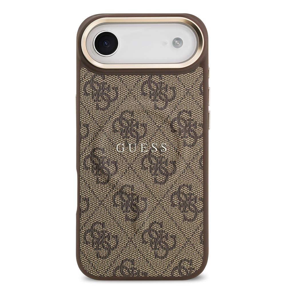 Apple iPhone 17 Air Kılıf Guess Orjinal Lisanslı M-safe Şarj Özellikli Gold Metal Kamera Çerçeveli PU Deri 4G Desenli Yazı Logolu Kapak