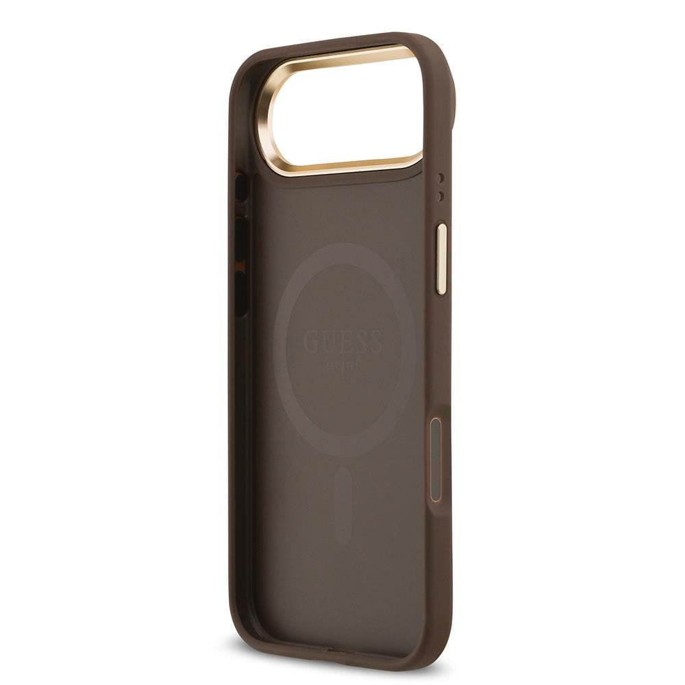Apple iPhone 17 Air Kılıf Guess Orjinal Lisanslı M-safe Şarj Özellikli Gold Metal Kamera Çerçeveli PU Deri 4G Desenli Yazı Logolu Kapak