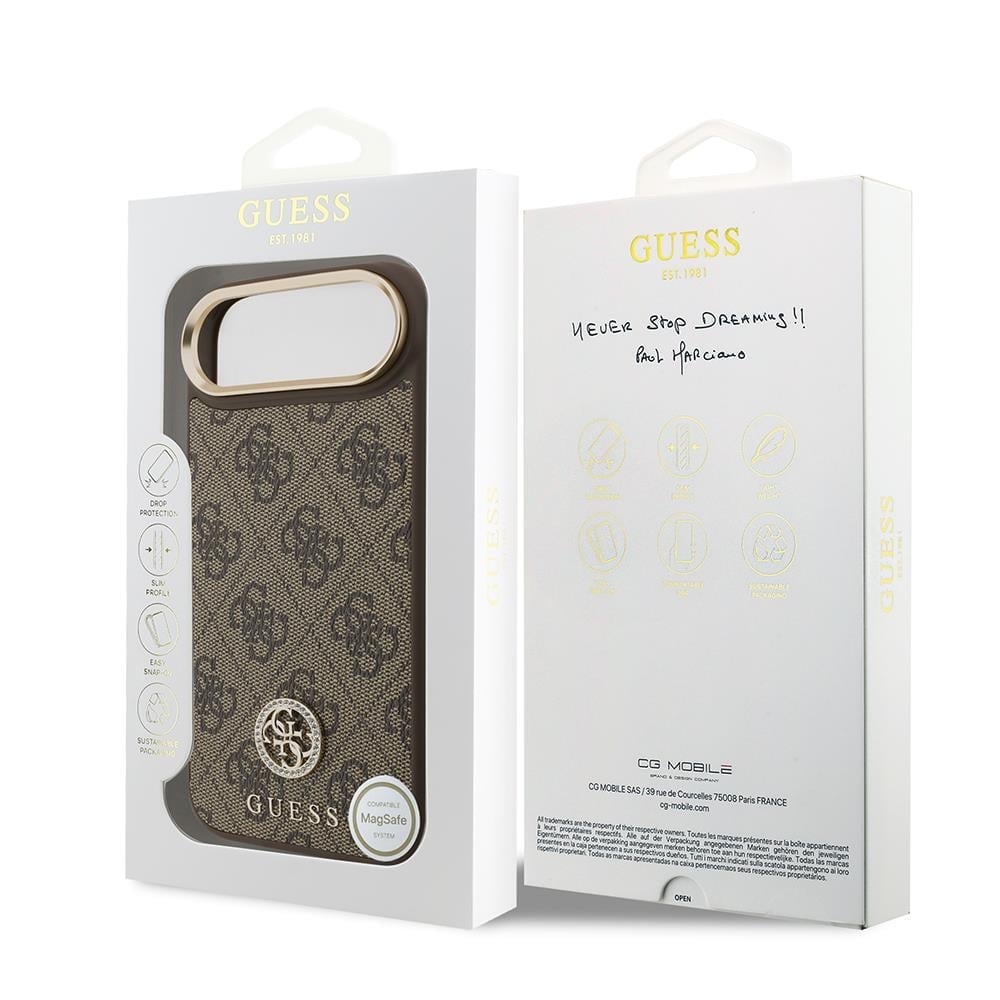 Apple iPhone 17 Air Kılıf Guess Orjinal Lisanslı M-safe Şarj Özellikli Gold Metal Kamera Çerçeveli Taşlı 4G Logolu Kapak