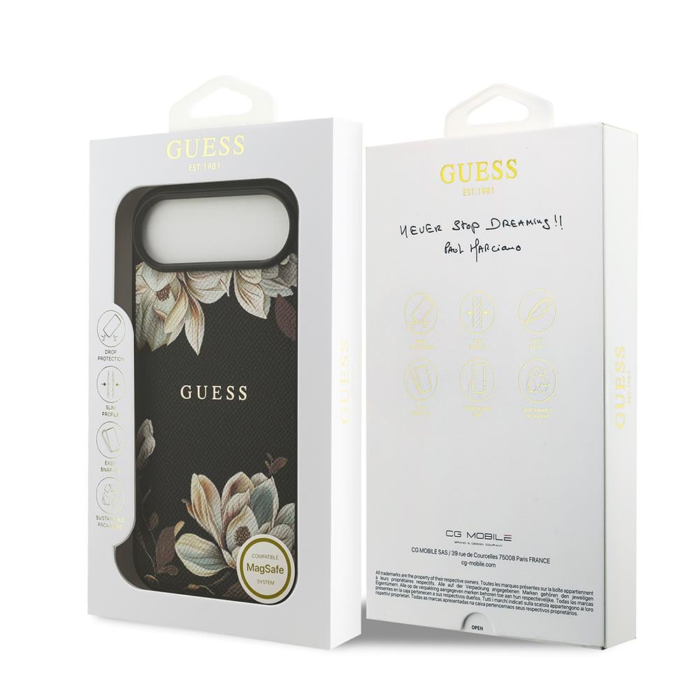 Apple iPhone 17 Air Kılıf Guess Orjinal Lisanslı M-safe Şarj Özellikli Taneli Çiçek Tasarımlı Metal Yazı Logolu Kapak