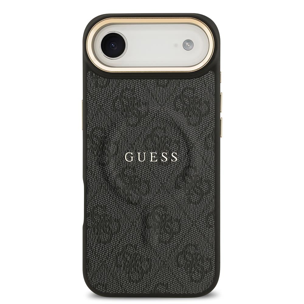 Apple iPhone 17 Air Kılıf Guess Orjinal Lisanslı M-safe Şarj Özellikli Gold Metal Kamera Çerçeveli PU Deri 4G Desenli Yazı Logolu Kapak