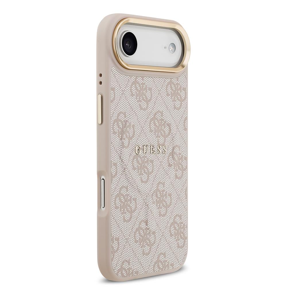 Apple iPhone 17 Air Kılıf Guess Orjinal Lisanslı M-safe Şarj Özellikli Gold Metal Kamera Çerçeveli PU Deri 4G Desenli Yazı Logolu Kapak
