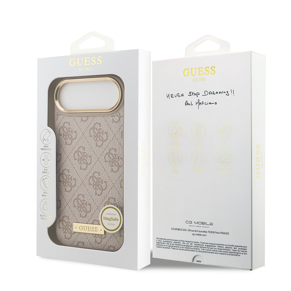 Apple iPhone 17 Air Kılıf Guess Orjinal Lisanslı M-safe Şarj Özellikli 4G Desenli PU Metal Plaka Klasik Logolu Kapak