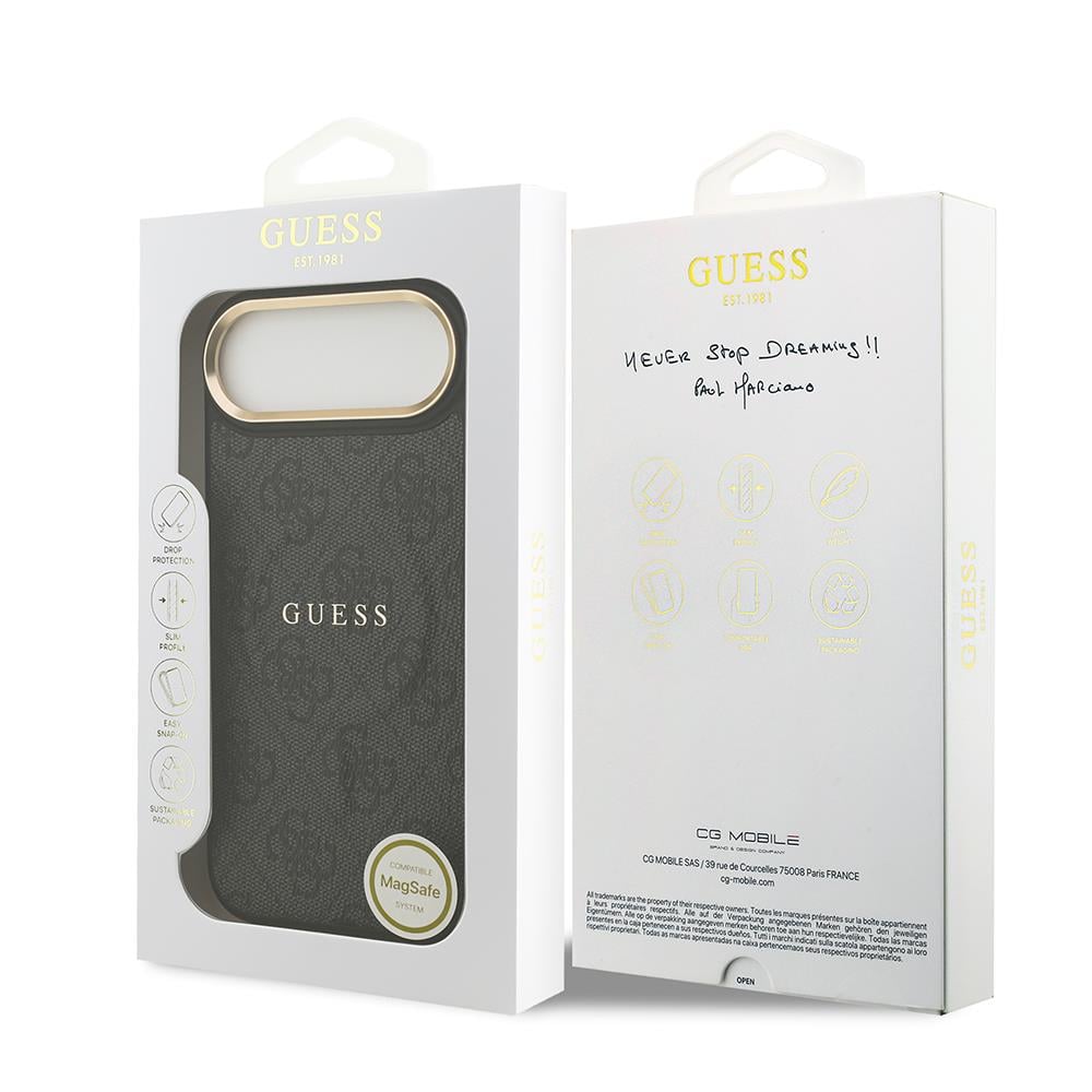 Apple iPhone 17 Air Kılıf Guess Orjinal Lisanslı M-safe Şarj Özellikli Gold Metal Kamera Çerçeveli PU Deri 4G Desenli Yazı Logolu Kapak
