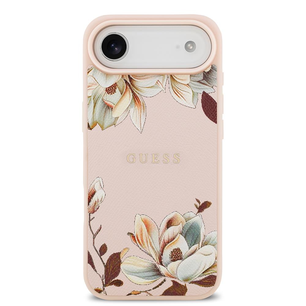 Apple iPhone 17 Air Kılıf Guess Orjinal Lisanslı M-safe Şarj Özellikli Taneli Çiçek Tasarımlı Metal Yazı Logolu Kapak
