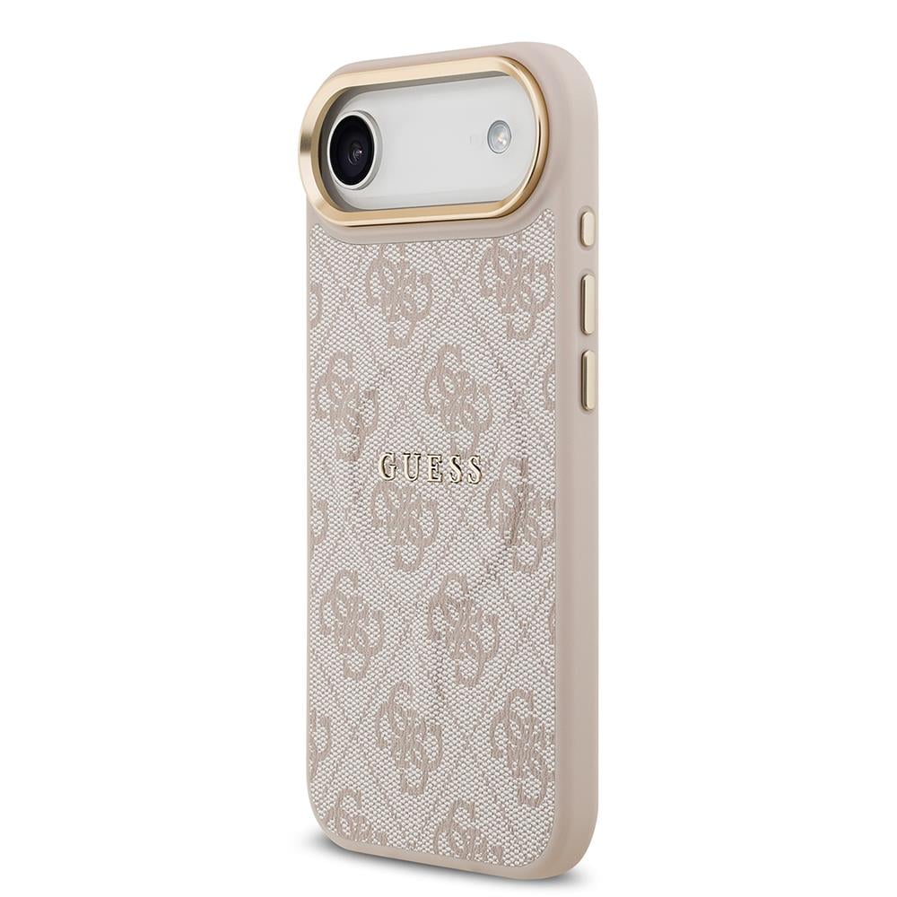Apple iPhone 17 Air Kılıf Guess Orjinal Lisanslı M-safe Şarj Özellikli Gold Metal Kamera Çerçeveli PU Deri 4G Desenli Yazı Logolu Kapak