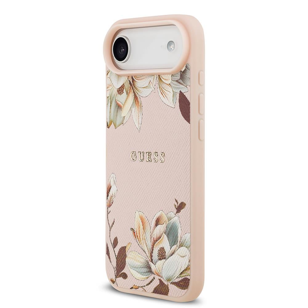Apple iPhone 17 Air Kılıf Guess Orjinal Lisanslı M-safe Şarj Özellikli Taneli Çiçek Tasarımlı Metal Yazı Logolu Kapak