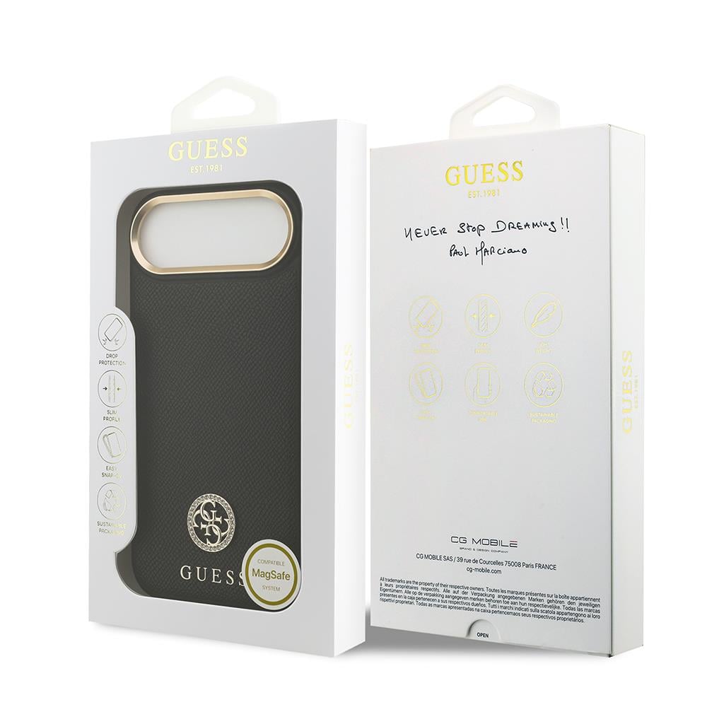 Apple iPhone 17 Air Kılıf Guess Orjinal Lisanslı M-safe Şarj Özellikli Grained Yazı ve Taşlı 4G Logolu Kapak