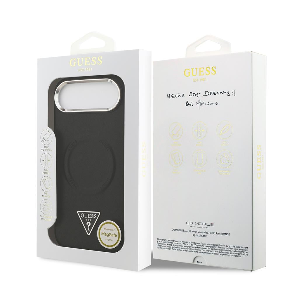 Apple iPhone 17 Air Kılıf Guess Orjinal Lisanslı M-safe Şarj Özellikli PU Deri Metal Kamera Çerçeveli Üçgen Logolu Kapak