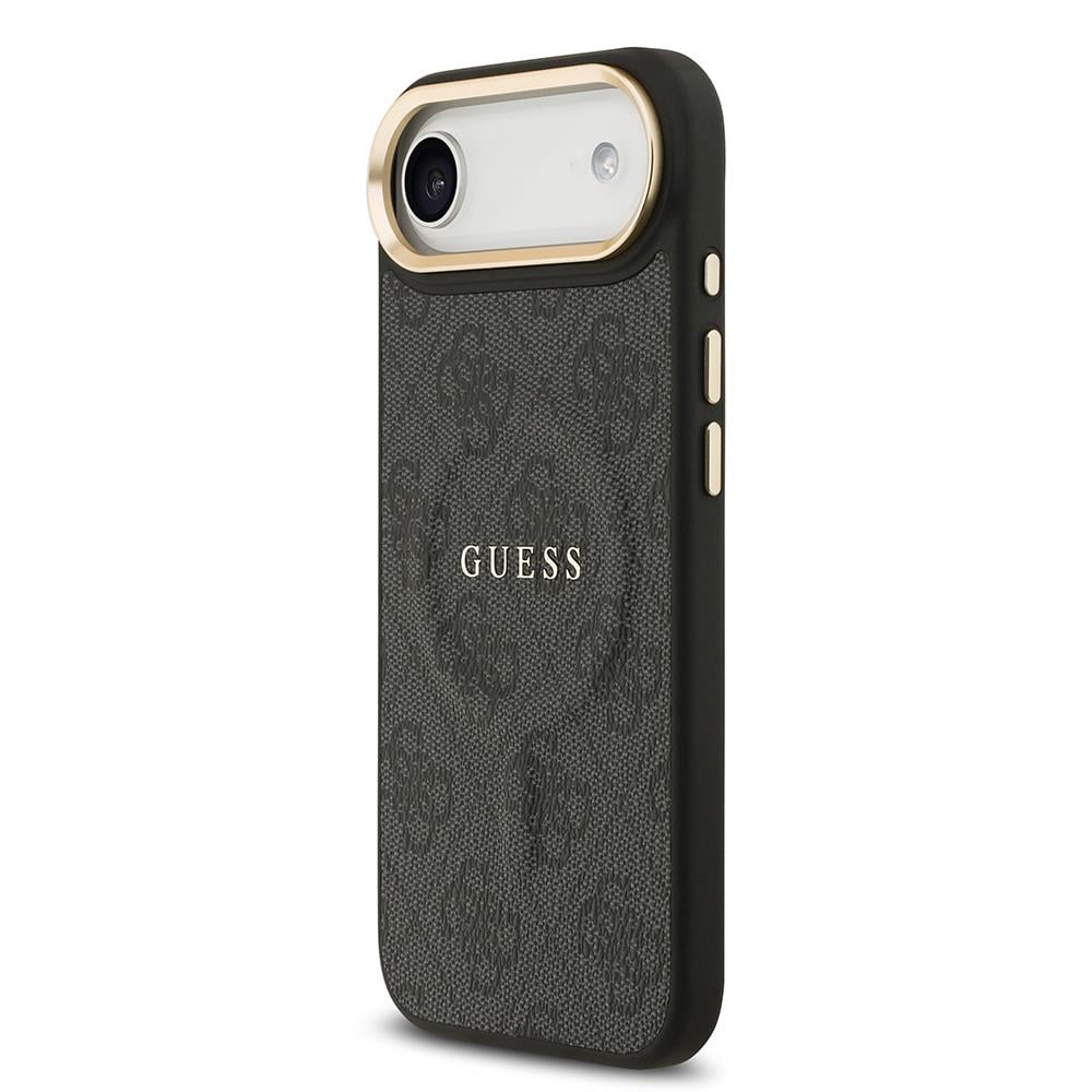 Apple iPhone 17 Air Kılıf Guess Orjinal Lisanslı M-safe Şarj Özellikli Gold Metal Kamera Çerçeveli PU Deri 4G Desenli Yazı Logolu Kapak