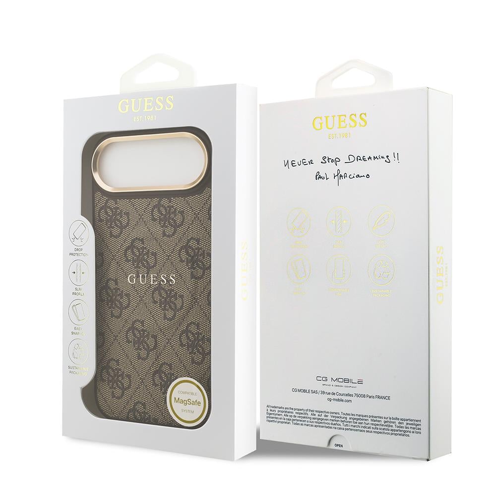 Apple iPhone 17 Air Kılıf Guess Orjinal Lisanslı M-safe Şarj Özellikli Gold Metal Kamera Çerçeveli PU Deri 4G Desenli Yazı Logolu Kapak
