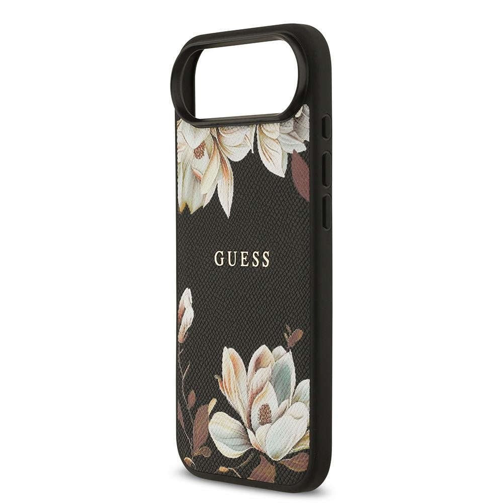 Apple iPhone 17 Air Kılıf Guess Orjinal Lisanslı M-safe Şarj Özellikli Taneli Çiçek Tasarımlı Metal Yazı Logolu Kapak