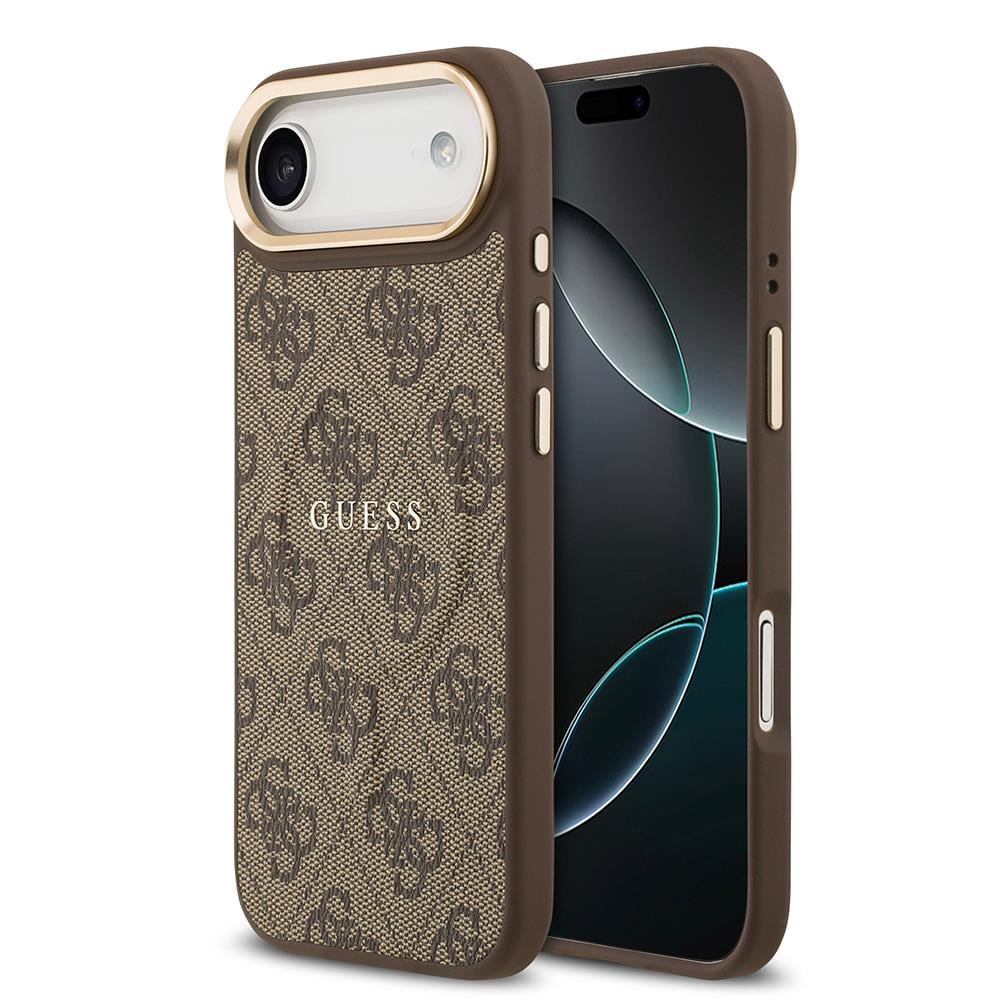 Apple iPhone 17 Air Kılıf Guess Orjinal Lisanslı M-safe Şarj Özellikli Gold Metal Kamera Çerçeveli PU Deri 4G Desenli Yazı Logolu Kapak
