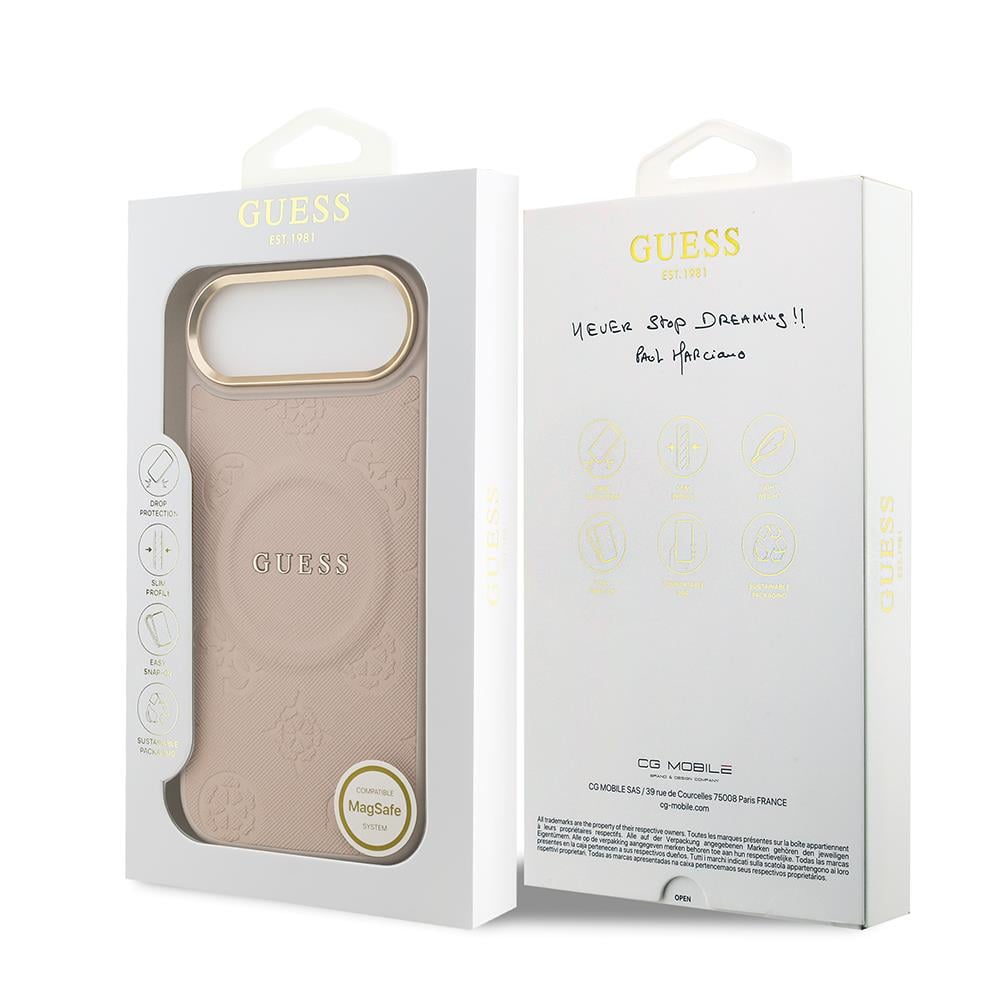 Apple iPhone 17 Air Kılıf Guess Orjinal Lisanslı M-safe Şarj Özellikli Sıcak Baskılı Yazı Logolu PU Deri Peony Kapak