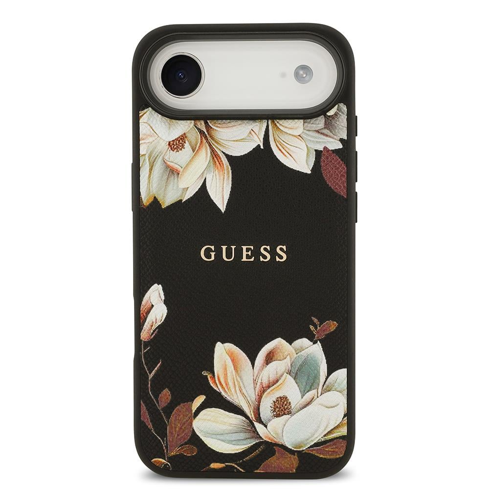 Apple iPhone 17 Air Kılıf Guess Orjinal Lisanslı M-safe Şarj Özellikli Taneli Çiçek Tasarımlı Metal Yazı Logolu Kapak