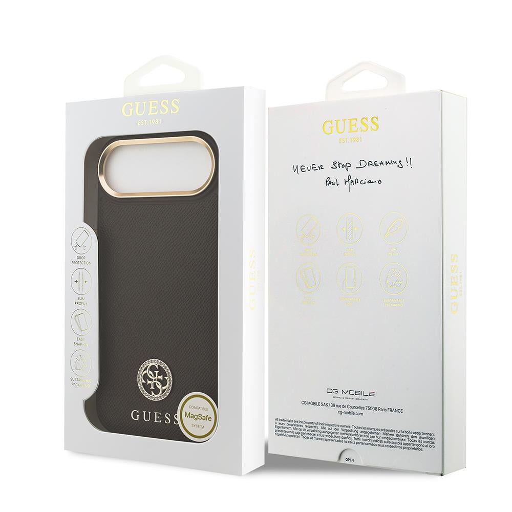 Apple iPhone 17 Air Kılıf Guess Orjinal Lisanslı M-safe Şarj Özellikli Grained Yazı ve Taşlı 4G Logolu Kapak