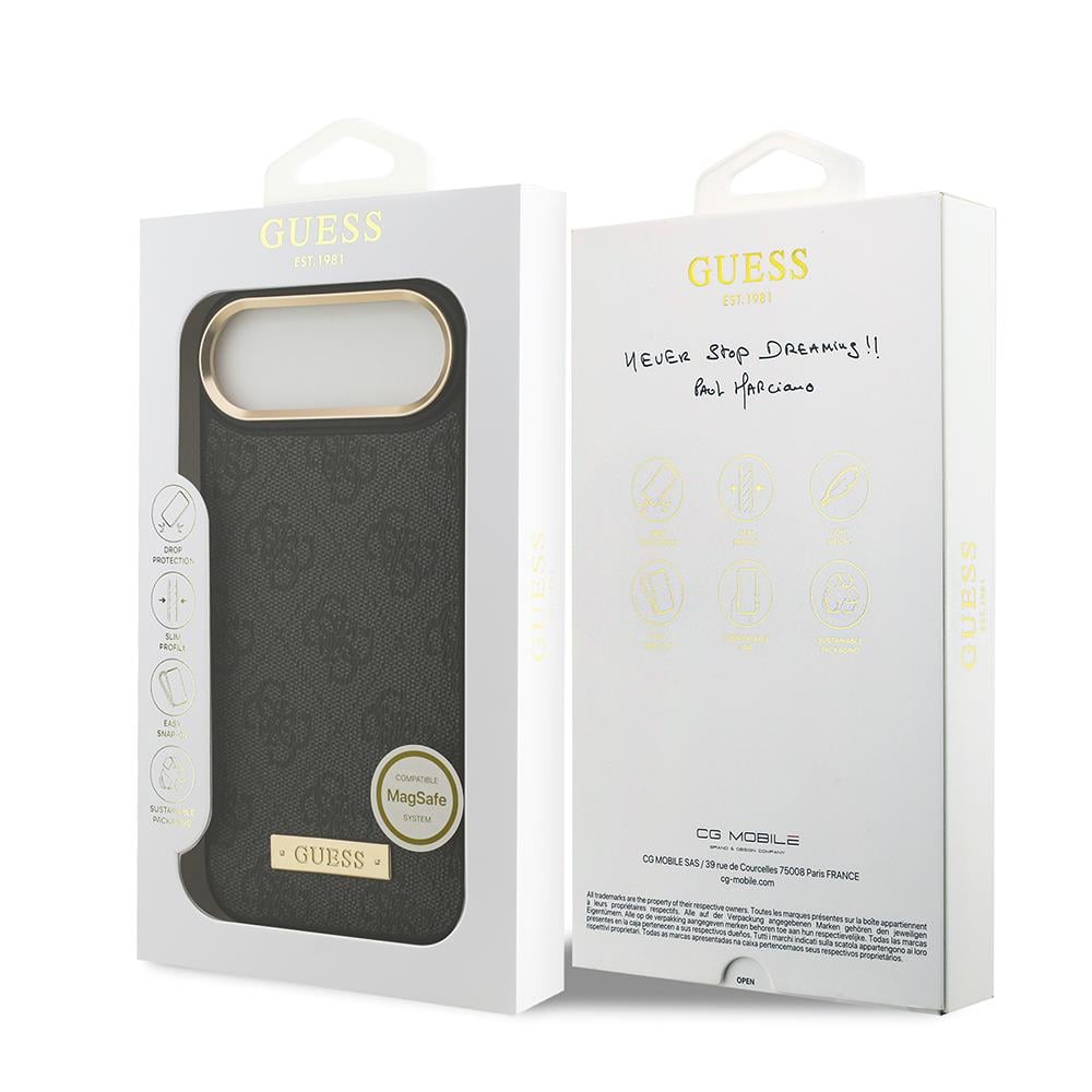 Apple iPhone 17 Air Kılıf Guess Orjinal Lisanslı M-safe Şarj Özellikli 4G Desenli PU Metal Plaka Klasik Logolu Kapak
