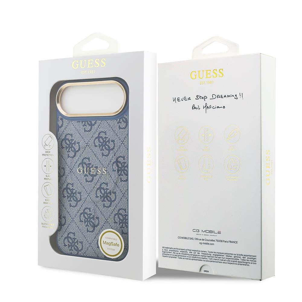 Apple iPhone 17 Air Kılıf Guess Orjinal Lisanslı M-safe Şarj Özellikli Gold Metal Kamera Çerçeveli PU Deri 4G Desenli Yazı Logolu Kapak