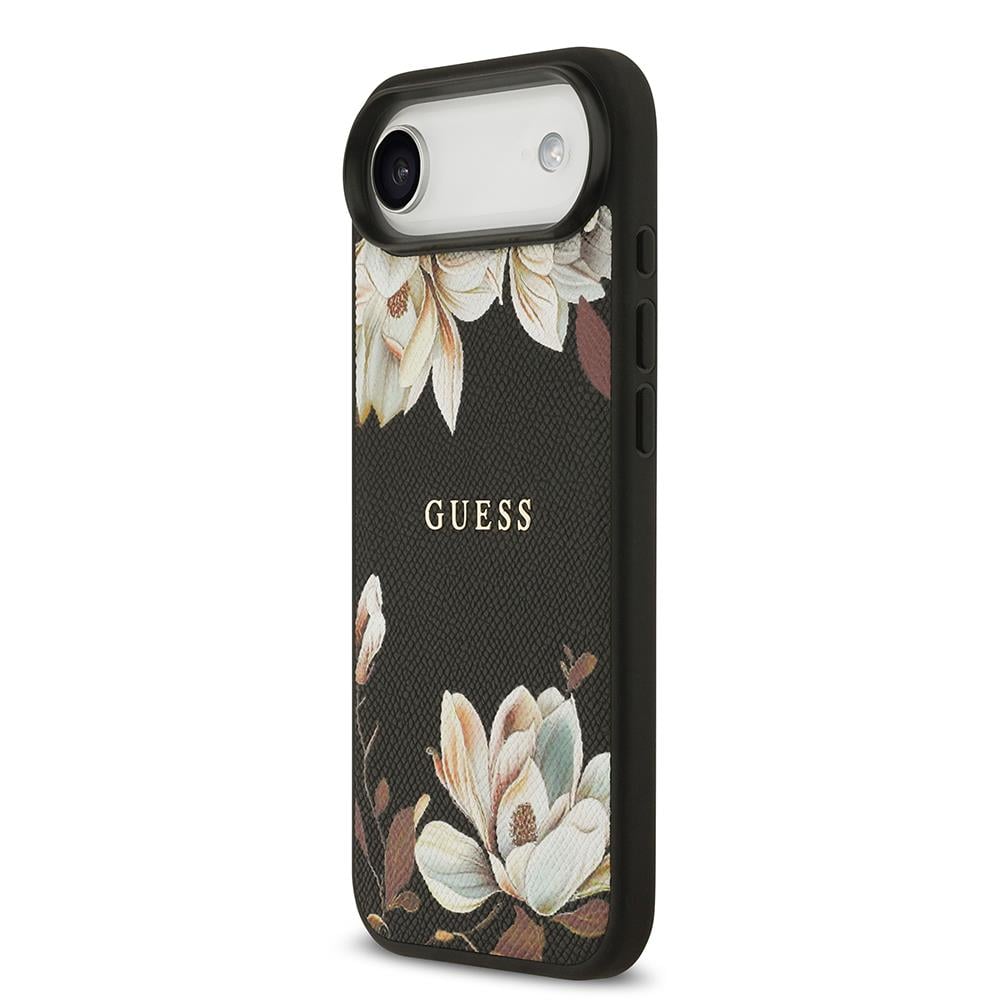 Apple iPhone 17 Air Kılıf Guess Orjinal Lisanslı M-safe Şarj Özellikli Taneli Çiçek Tasarımlı Metal Yazı Logolu Kapak