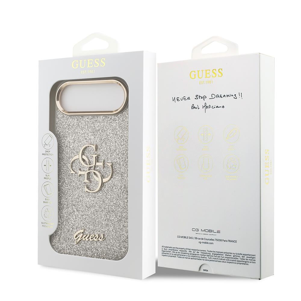 Apple iPhone 17 Air Kılıf Guess Orjinal Lisanslı 4G Büyük Metal Kamera Çerçeveli ve Logolu Glitter Kapak