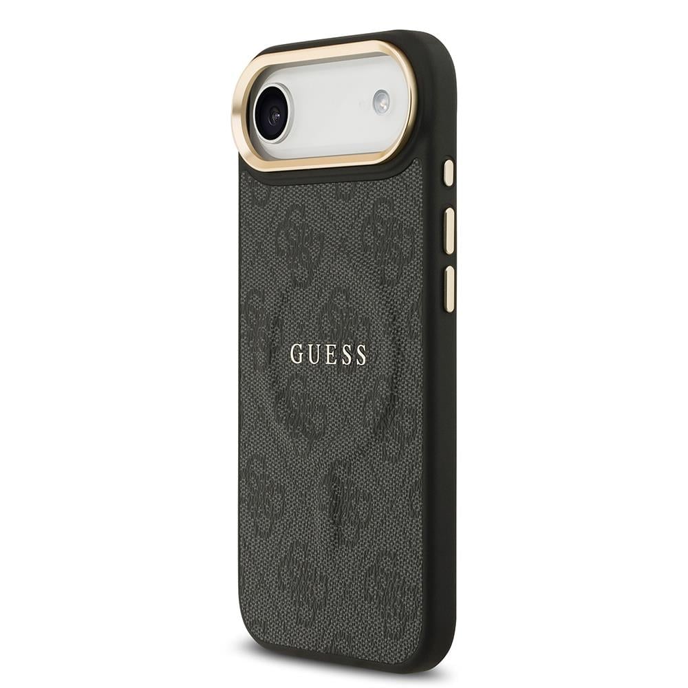 Apple iPhone 17 Air Kılıf Guess Orjinal Lisanslı M-safe Şarj Özellikli Gold Metal Kamera Çerçeveli PU Deri 4G Desenli Yazı Logolu Kapak