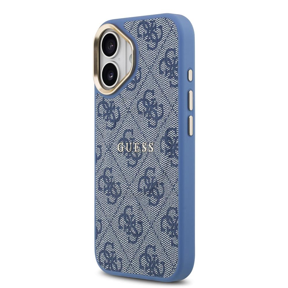 Apple iPhone 17 Kılıf Guess Orjinal Lisanslı M-safe Şarj Özellikli Gold Metal Kamera Çerçeveli PU Deri 4G Desenli Yazı Logolu Kapak