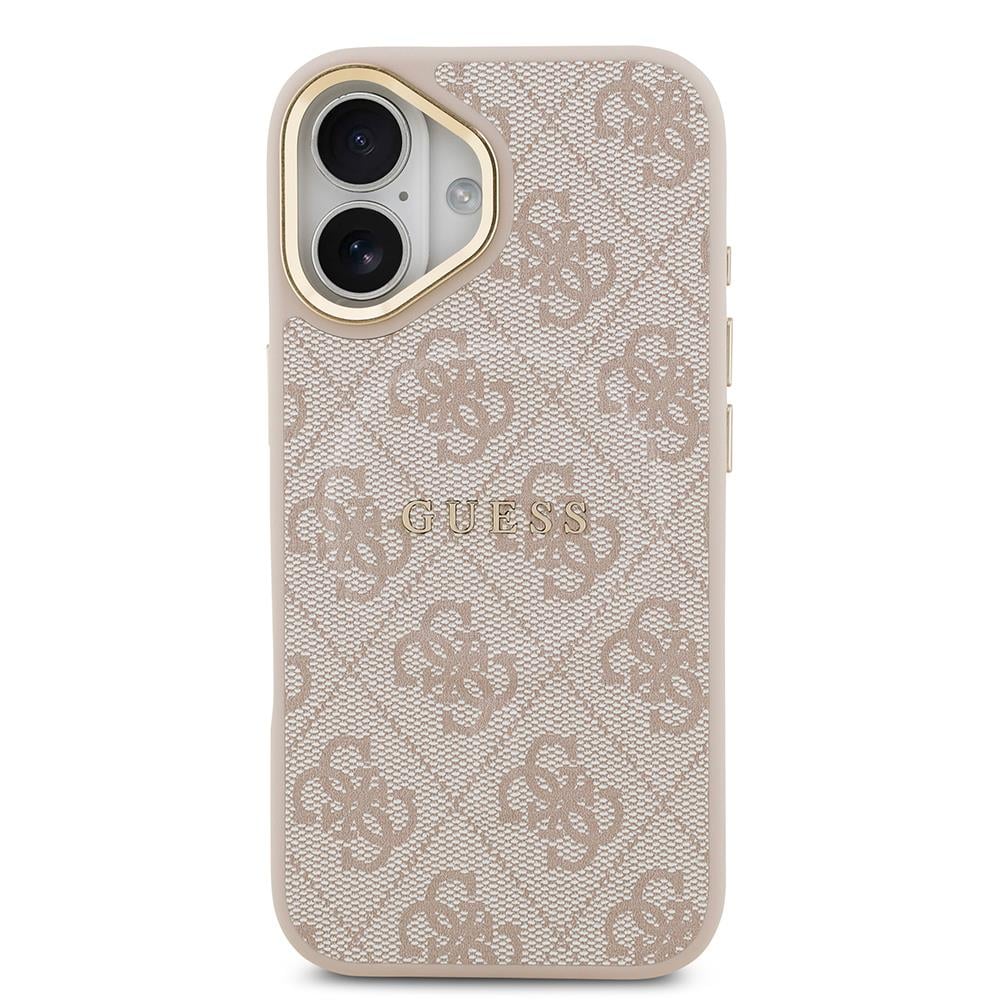 Apple iPhone 17 Kılıf Guess Orjinal Lisanslı M-safe Şarj Özellikli Gold Metal Kamera Çerçeveli PU Deri 4G Desenli Yazı Logolu Kapak