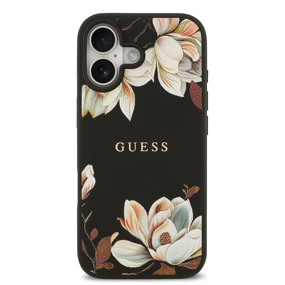 Apple iPhone 17 Kılıf Guess Orjinal Lisanslı M-safe Şarj Özellikli Taneli Çiçek Tasarımlı Metal Yazı Logolu Kapak