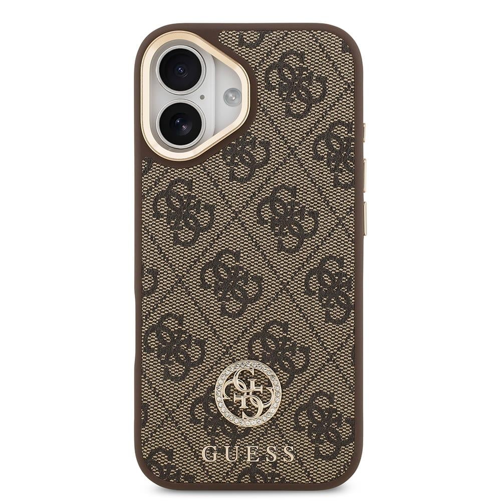 Apple iPhone 17 Kılıf Guess Orjinal Lisanslı M-safe Şarj Özellikli Gold Metal Kamera Çerçeveli Taşlı 4G Logolu Kapak
