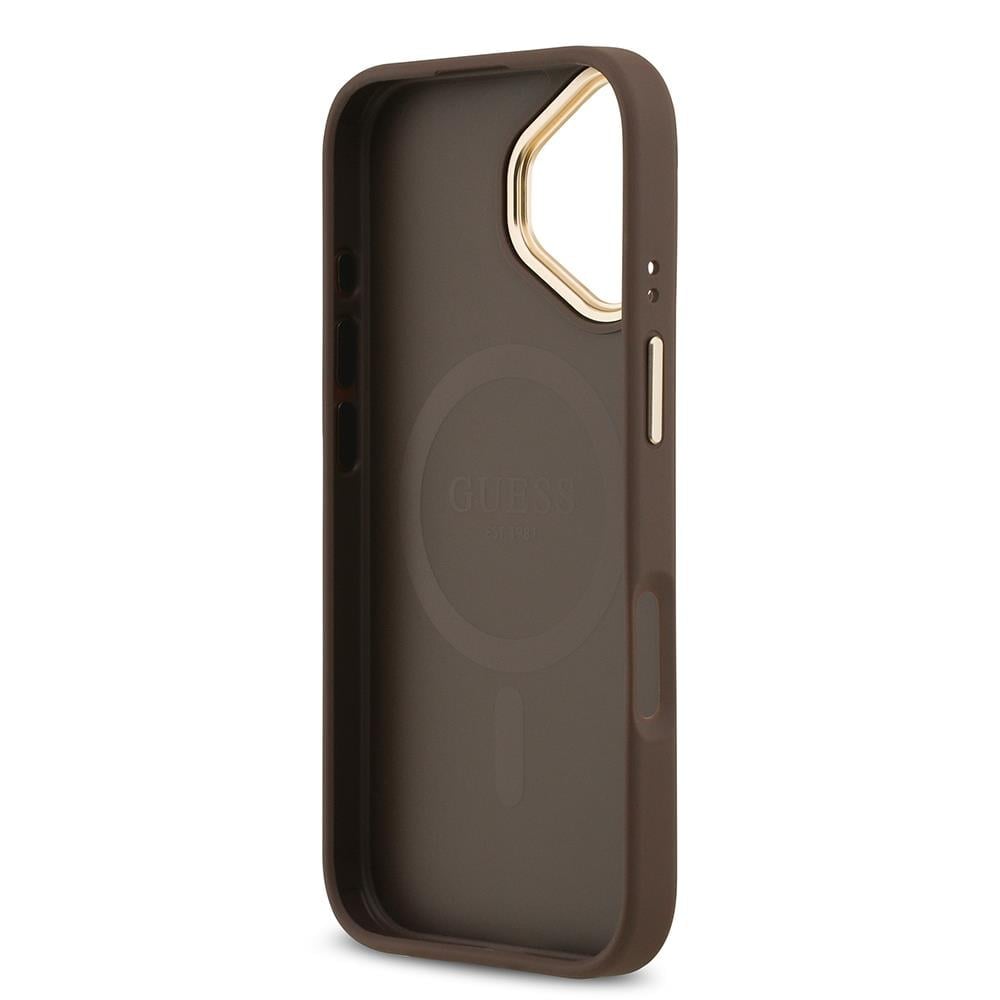Apple iPhone 17 Kılıf Guess Orjinal Lisanslı M-safe Şarj Özellikli Gold Metal Kamera Çerçeveli PU Deri 4G Desenli Yazı Logolu Kapak