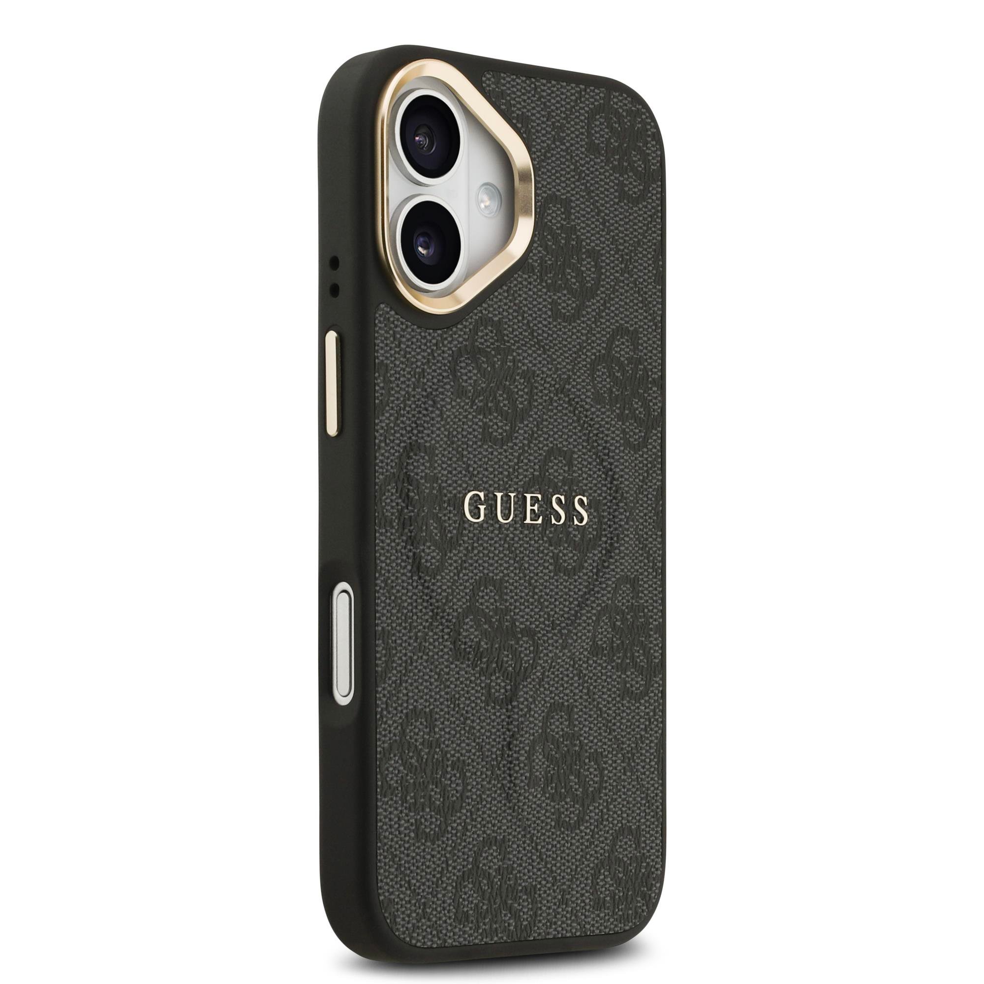 Apple iPhone 17 Kılıf Guess Orjinal Lisanslı M-safe Şarj Özellikli Gold Metal Kamera Çerçeveli PU Deri 4G Desenli Yazı Logolu Kapak
