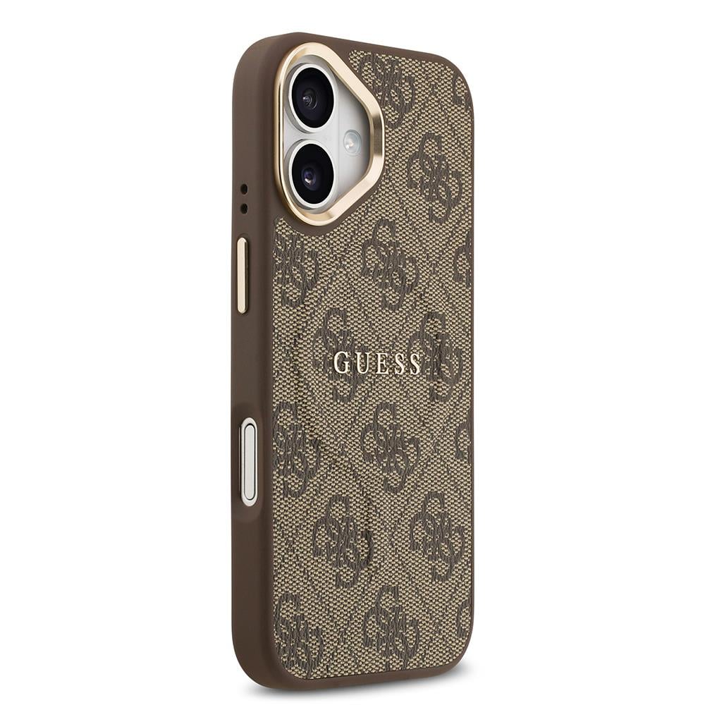 Apple iPhone 17 Kılıf Guess Orjinal Lisanslı M-safe Şarj Özellikli Gold Metal Kamera Çerçeveli PU Deri 4G Desenli Yazı Logolu Kapak