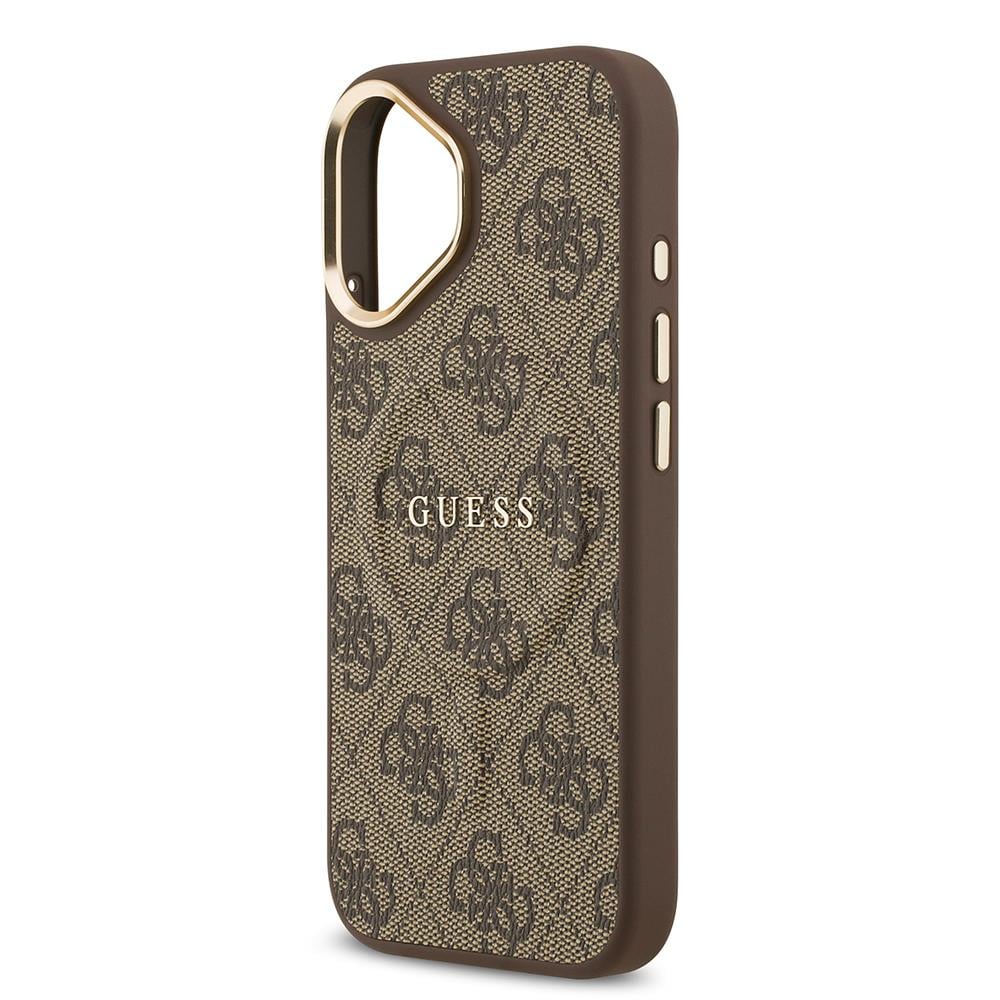 Apple iPhone 17 Kılıf Guess Orjinal Lisanslı M-safe Şarj Özellikli Gold Metal Kamera Çerçeveli PU Deri 4G Desenli Yazı Logolu Kapak