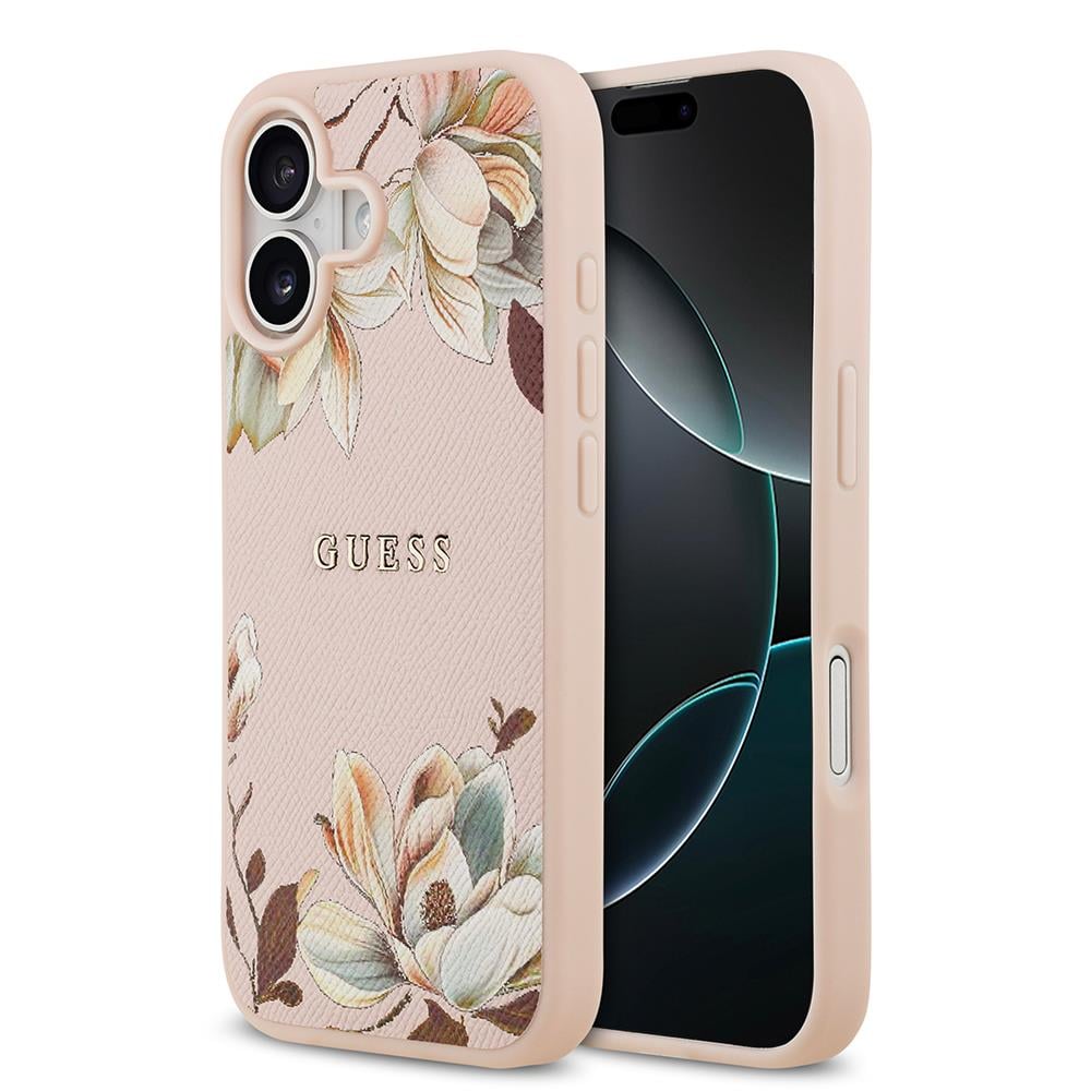 Apple iPhone 17 Kılıf Guess Orjinal Lisanslı M-safe Şarj Özellikli Taneli Çiçek Tasarımlı Metal Yazı Logolu Kapak