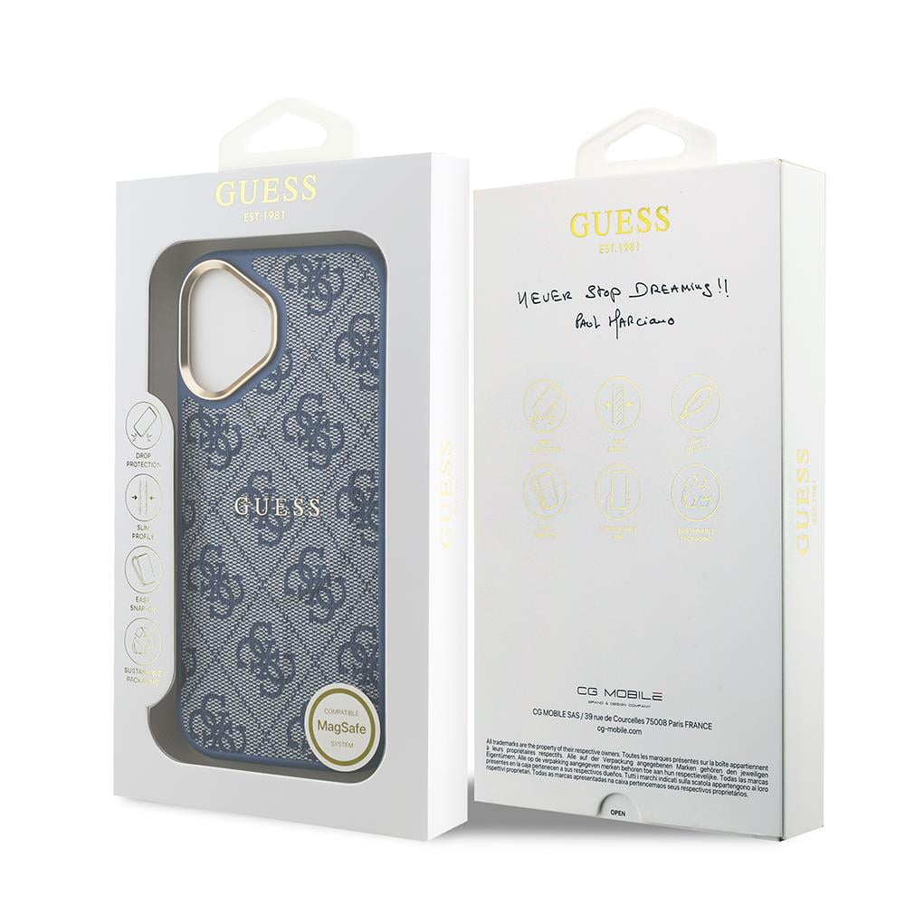 Apple iPhone 17 Kılıf Guess Orjinal Lisanslı M-safe Şarj Özellikli Gold Metal Kamera Çerçeveli PU Deri 4G Desenli Yazı Logolu Kapak