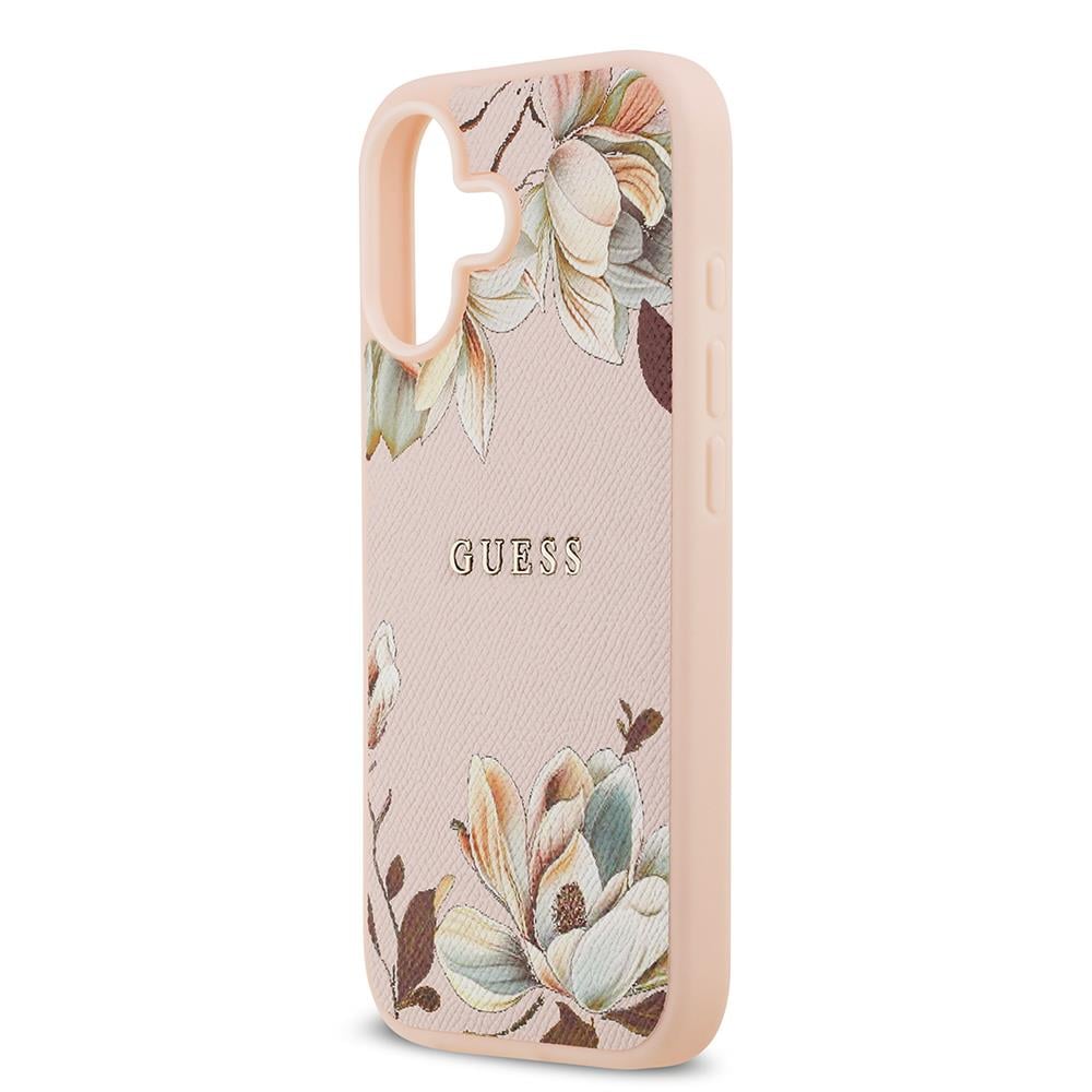 Apple iPhone 17 Kılıf Guess Orjinal Lisanslı M-safe Şarj Özellikli Taneli Çiçek Tasarımlı Metal Yazı Logolu Kapak